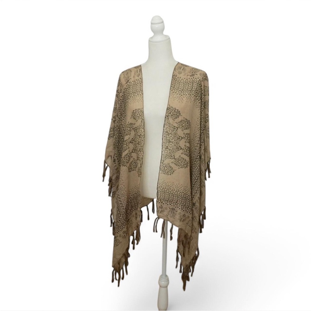 💜 JANICE Tan/Black Pattern Scarf Coat Poncho Kimono (OS)